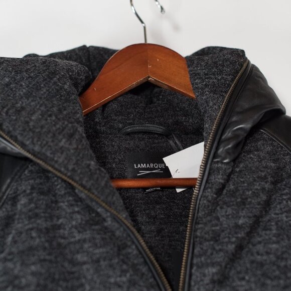 Lamarque Women's Size XS Black Gray Puffer Jacket Hooded Wool Leather Coat NWT - Picture 6 of 7